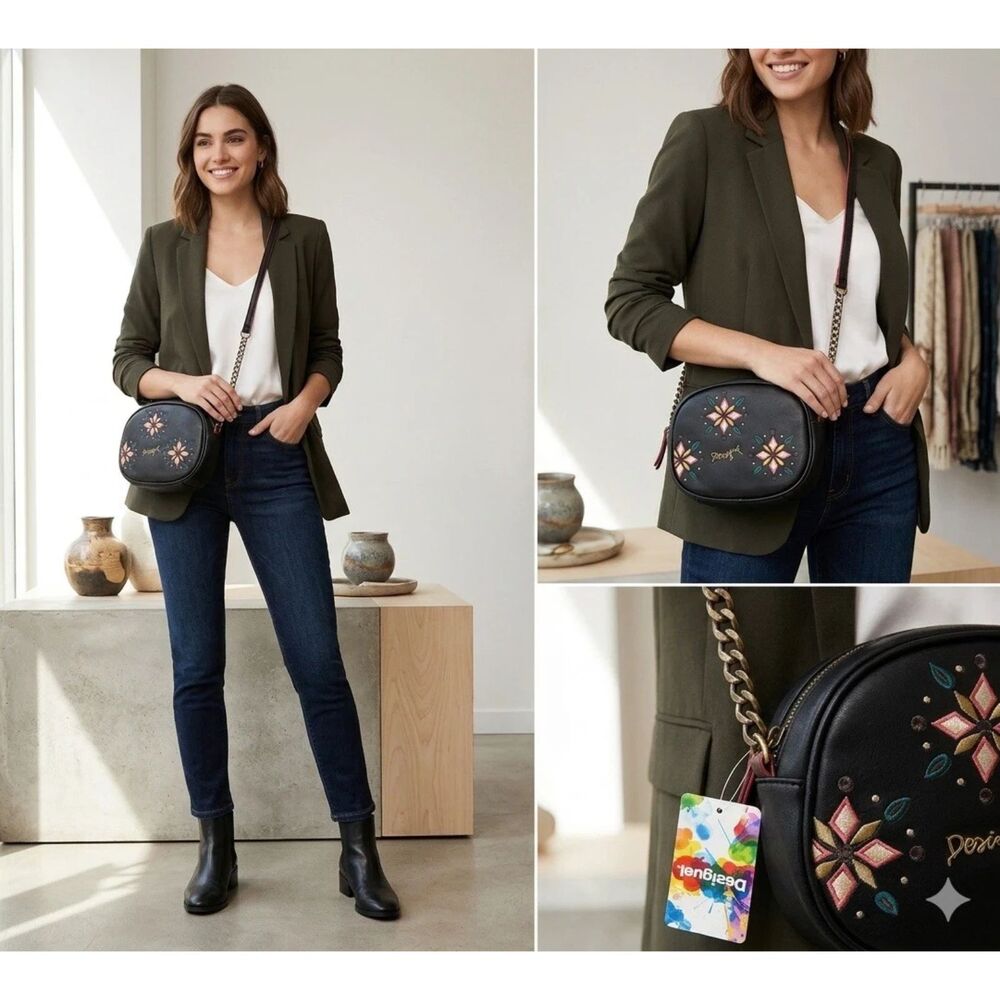 DESIGUAL Purse Floral Medallion Crossbody Bag Chain Strap Black Zip Top New